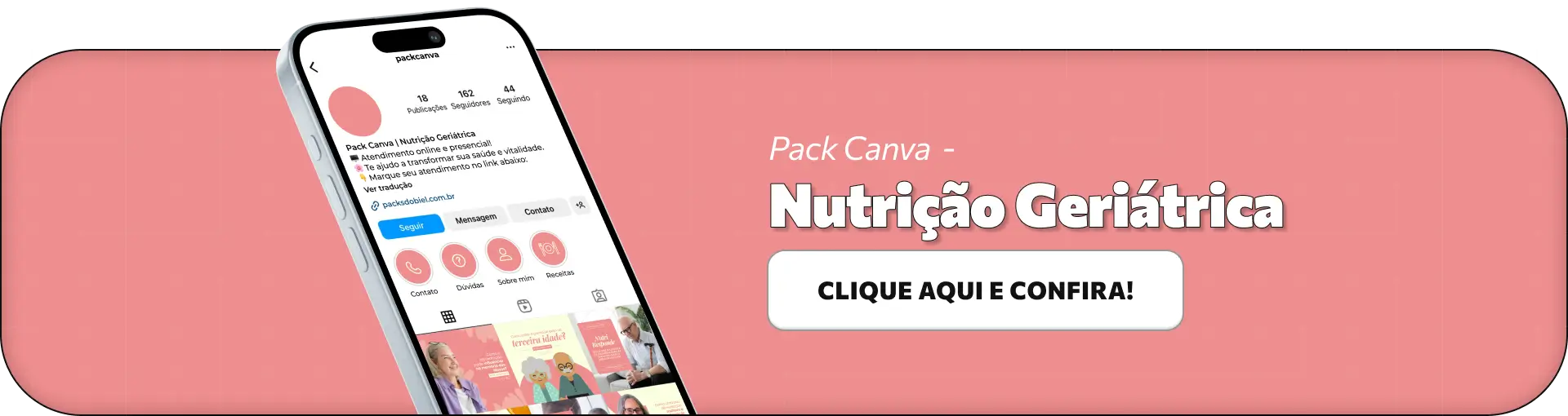 Mockup de pack de posts editáveis no Canva para nutricionistas que atendem idosos, com conteúdos sobre saúde do idoso, alimentação na terceira idade, prevenção de doenças, imunidade e qualidade de vida, ajudando a manter um feed informativo e confiável.