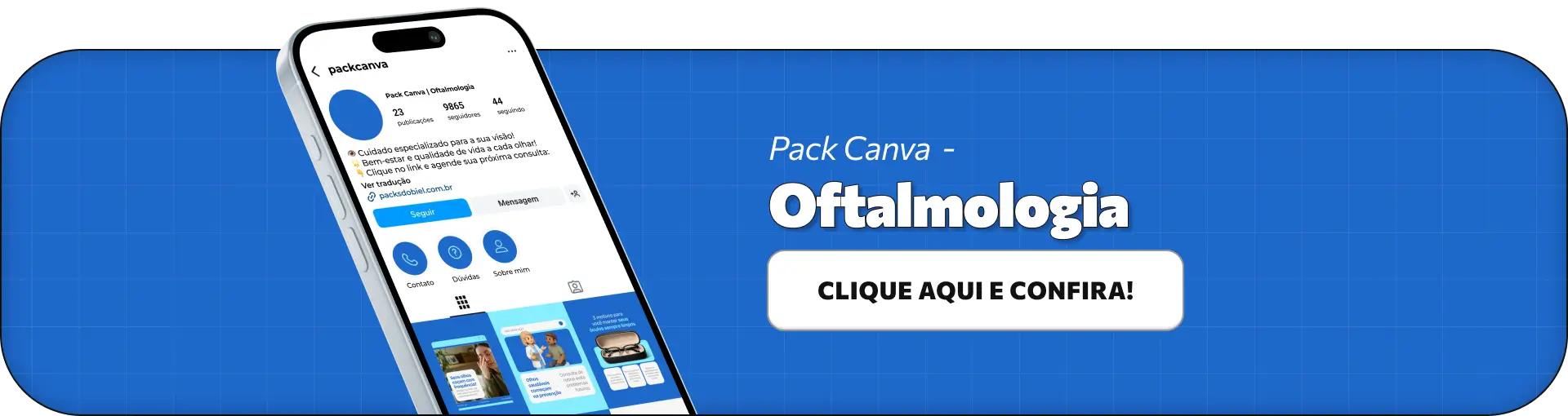 Pack de posts editáveis no Canva para oftalmologistas que desejam criar conteúdos sobre saúde ocular, miopia, astigmatismo, hipermetropia, exames de visão e cuidados com os olhos, mantendo um feed organizado, educativo e profissional no Instagram.