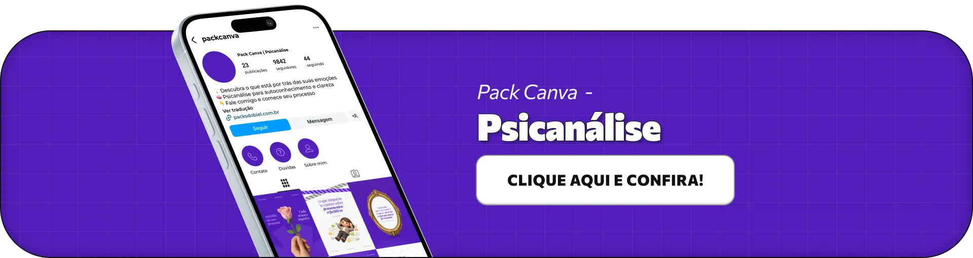 Imagem apresentando outras opções de packs no Canva para psicanálise, com foco em conteúdos sobre inconsciente, emoções, comportamento, escuta clínica e autoconhecimento, incluindo um botão na própria imagem que direciona para conhecer mais opções.