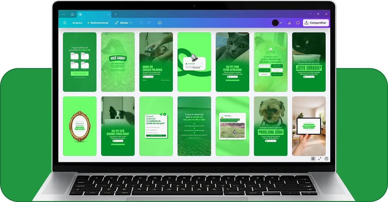 Pack de templates editáveis no Canva para Reels de cuidados com animais de estimação, criado para quem produz conteúdos sobre rotina pet, vacinação, prevenção de doenças, comportamento e dicas práticas para tutores, com vídeos curtos e visuais atrativos.