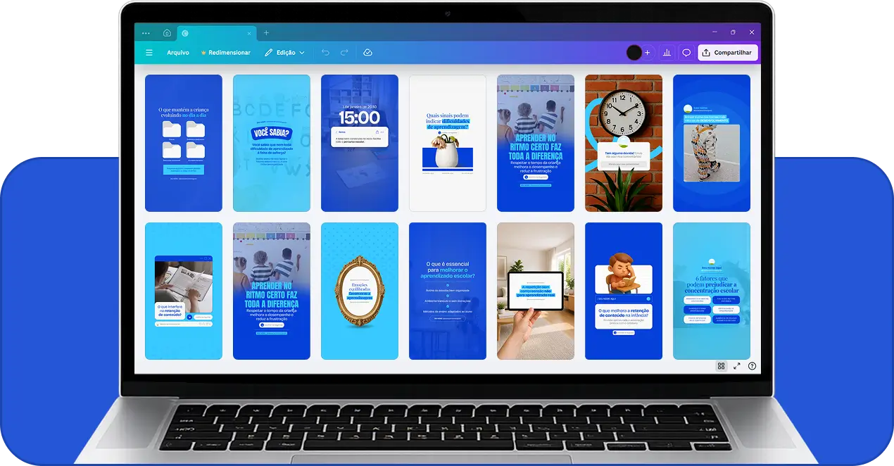 Pack de templates editáveis no Canva para Reels de educação, criado para profissionais que produzem conteúdos sobre ensino, didática, dificuldades de aprendizagem, organização dos estudos e estratégias educacionais, com vídeos curtos e visuais atrativos.