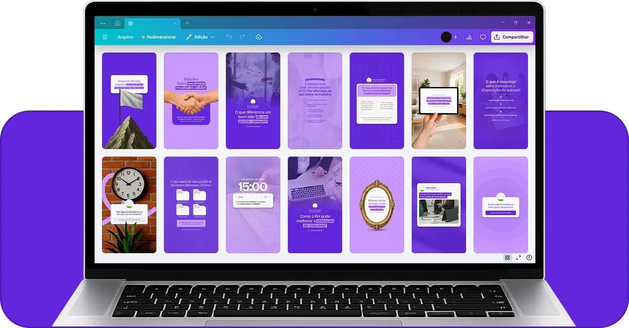 Reels para profissionais de Recursos Humanos que produzem conteúdos sobre recrutamento e seleção, clima organizacional, gestão de pessoas, liderança e desenvolvimento profissional, fortalecendo a comunicação da empresa no Instagram.