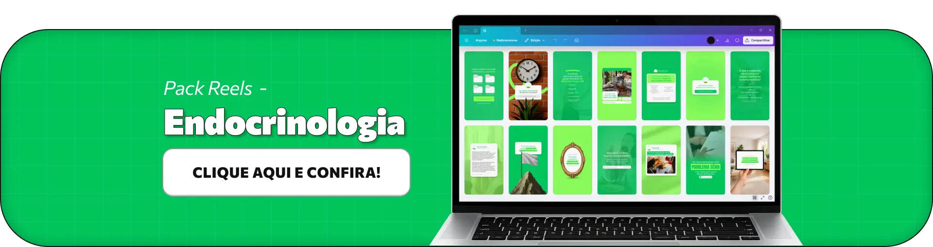 Pack de artes editáveis no Canva para profissionais de endocrinologia, ideal para quem produz conteúdos sobre obesidade, resistência à insulina, reposição hormonal, alimentação e qualidade de vida, fortalecendo a autoridade e a comunicação visual nas redes sociais.