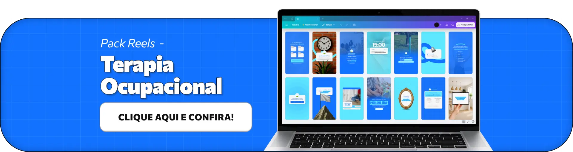 Pack de artes editáveis no Canva para profissionais de terapia ocupacional, ideal para quem produz conteúdos sobre desenvolvimento infantil, inclusão, reabilitação neurológica, adaptação de rotina e promoção de independência em crianças, adultos e idosos.