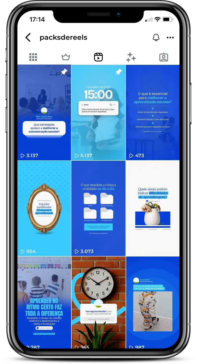 Pack de posts editáveis no Canva para Reels de aprendizagem, voltado para educadores que querem ensinar sobre métodos de estudo, concentração, desempenho escolar e evolução do aluno, mantendo um perfil moderno, educativo e envolvente.