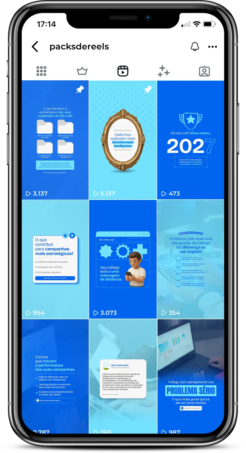 Reels para gestores de tráfego com conteúdos sobre escala de campanhas, análise de dados, públicos estratégicos, performance e marketing digital, ideal para profissionais que desejam atrair clientes e transmitir profissionalismo nas redes sociais.