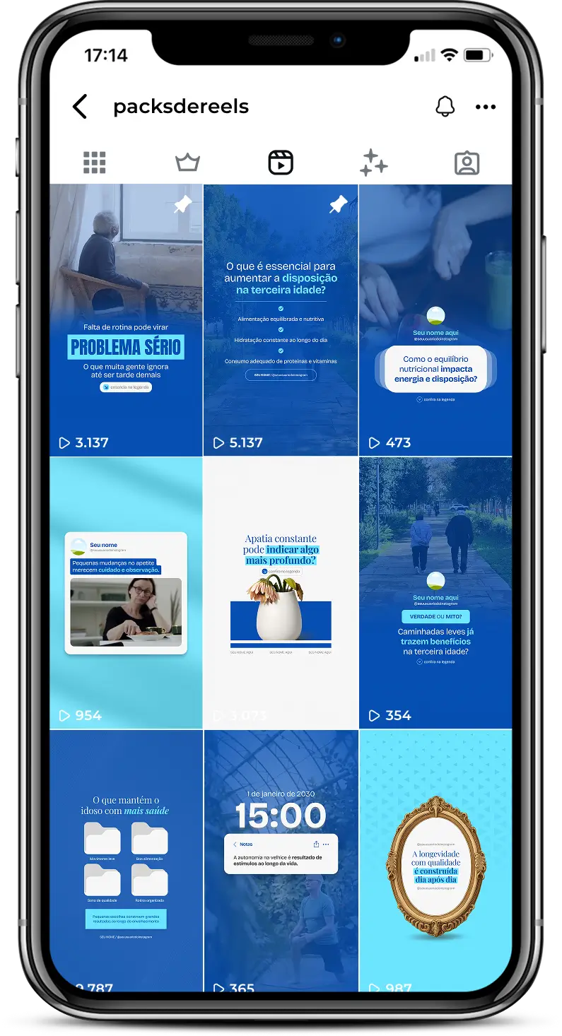 Pack de templates editáveis no Canva para Reels voltados ao público idoso, criado para quem produz conteúdos sobre saúde do idoso, prevenção de doenças, rotina ativa, alimentação equilibrada e estímulos cognitivos, com vídeos curtos e educativos.