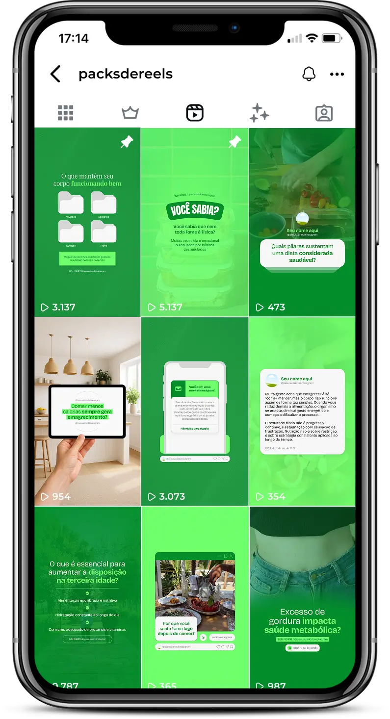 Pack Canva reels nutrição com ideias de vídeos para Instagram de nutricionista e alimentação equilibrada