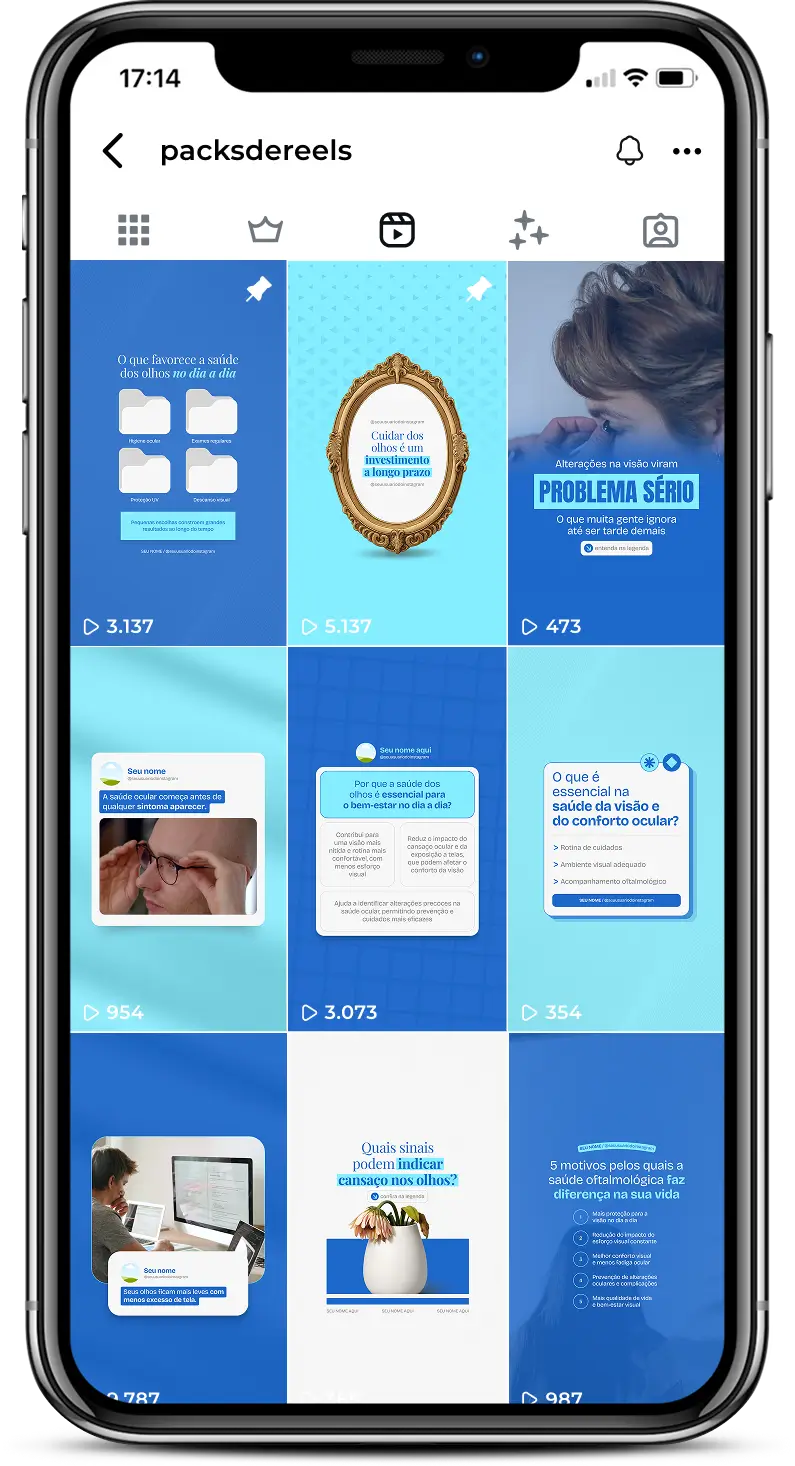 Reels para oftalmologistas que produzem conteúdos sobre saúde dos olhos, prevenção de doenças oculares, exames de visão, miopia, hipermetropia e astigmatismo, ajudando pacientes a cuidarem melhor da visão no dia a dia.