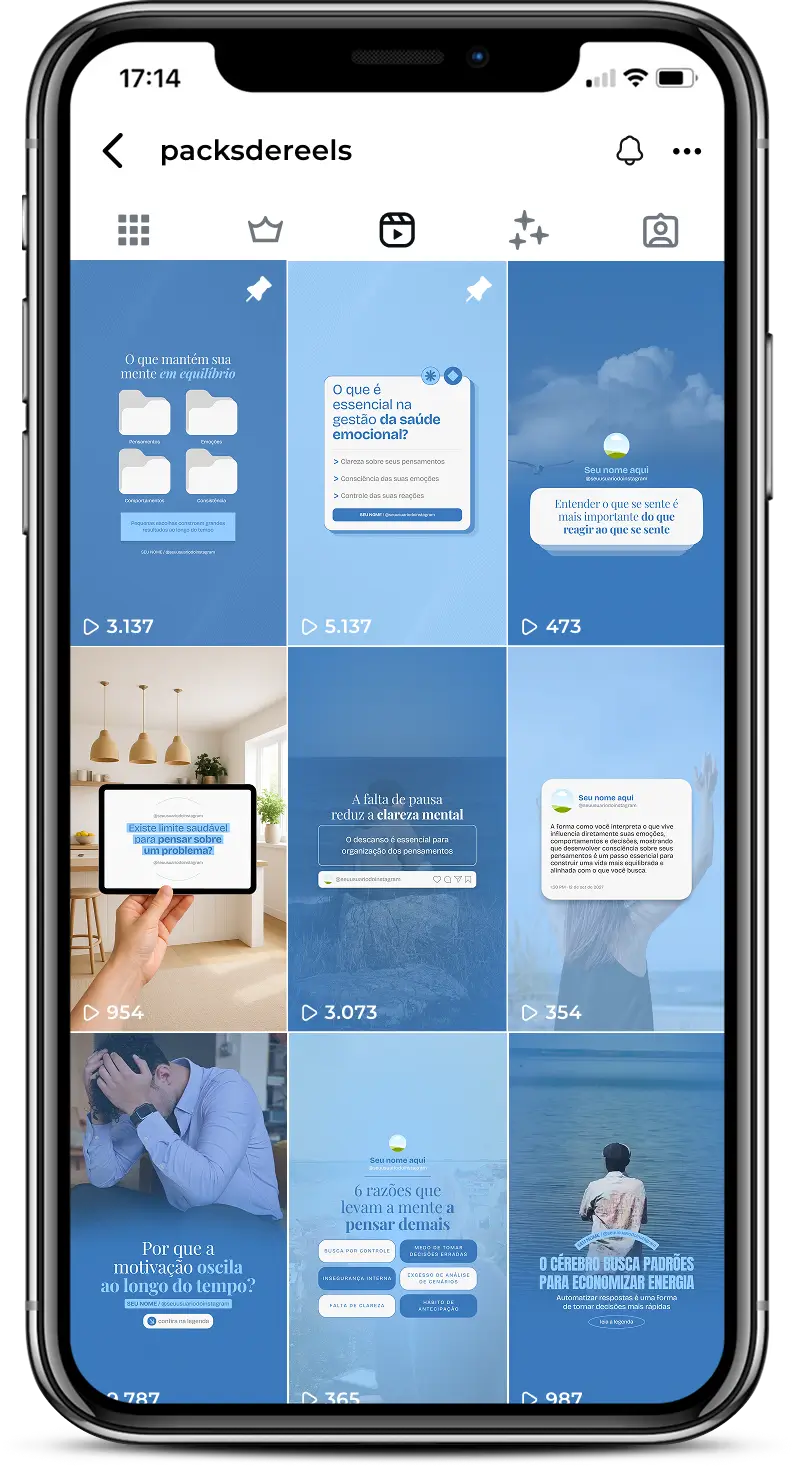 Pack de posts editáveis no Canva para Reels de psicologia, voltado para psicólogos que querem explicar temas como pensamentos, sentimentos, rotina emocional e desenvolvimento pessoal, mantendo um perfil moderno, informativo e envolvente.