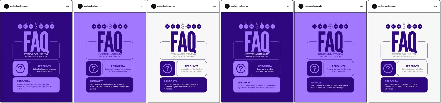 Pack de posts bônus estilo FAQ para body piercing, ideal para profissionais que desejam responder dúvidas frequentes sobre cicatrização, cuidados pós perfuração, tipos de piercing e higiene da região, mantendo um feed informativo e profissional no Instagram.