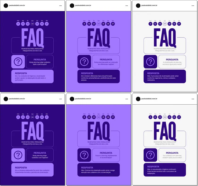Posts editáveis no Canva estilo perguntas e respostas para body piercing, voltado para conteúdos sobre joias, tempo de cicatrização, biossegurança, perfurações corporais e cuidados com a pele, facilitando a criação de conteúdos claros e educativos para clientes.
