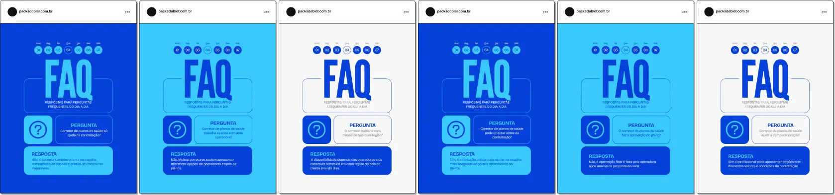 Pack de posts bônus estilo FAQ para corretor de planos de saúde, ideal para profissionais que desejam responder dúvidas frequentes sobre cobertura, carência, tipos de plano, rede credenciada e contratação, mantendo um feed informativo e profissional no Instagram.