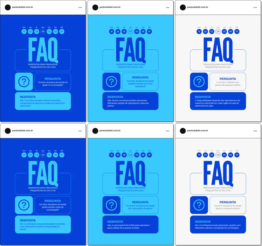 Posts editáveis no Canva estilo perguntas e respostas para planos de saúde, voltado para conteúdos sobre valores, diferença entre planos individuais e empresariais, urgência e emergência, regras de adesão e escolha do plano ideal, facilitando a criação de conteúdos claros e confiáveis para clientes.