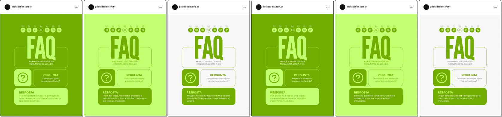 Posts editáveis no Canva estilo perguntas e respostas para fisioterapia, voltado para conteúdos sobre fisioterapia ortopédica, recuperação de lesões, mobilidade, fortalecimento muscular e qualidade de vida, facilitando a criação de conteúdos claros e informativos para pacientes.