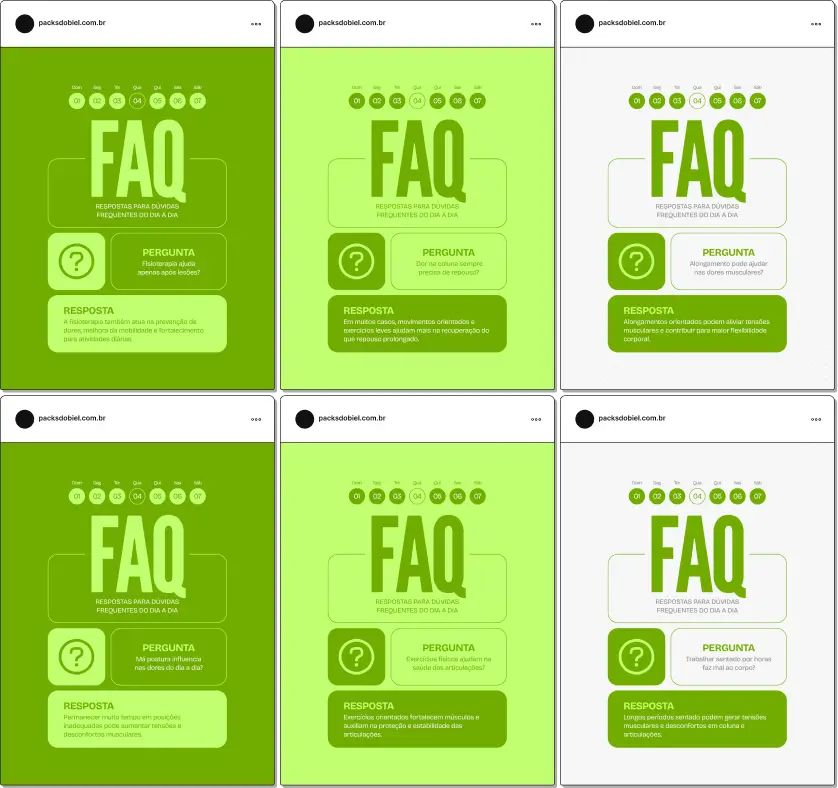 Pack de posts bônus estilo FAQ para fisioterapia, ideal para fisioterapeutas que desejam responder dúvidas frequentes sobre dores musculares, postura, reabilitação, alongamentos e prevenção de lesões, mantendo um feed educativo e profissional no Instagram.