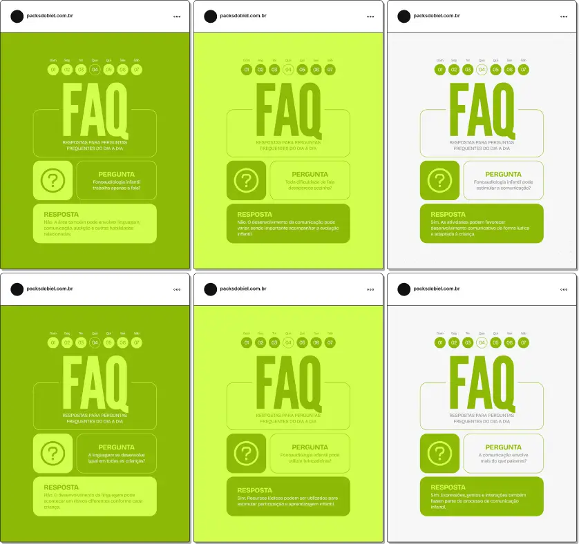 Posts editáveis no Canva estilo perguntas e respostas para fonoaudiologia infantil, voltado para conteúdos sobre atraso de fala, dificuldades de linguagem, estimulação da comunicação, audição infantil e orientação para pais e responsáveis, facilitando a criação de conteúdos claros e informativos para famílias.