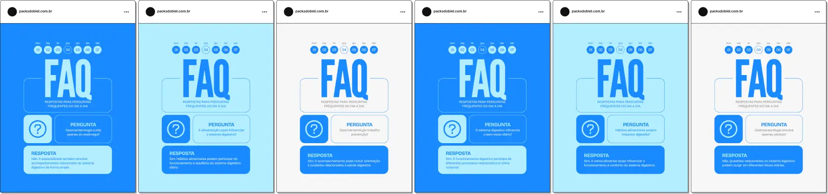 Pack de posts bônus estilo FAQ para gastroenterologia, ideal para gastroenterologistas que desejam responder dúvidas frequentes sobre refluxo, gastrite, intestino, digestão e saúde gastrointestinal, mantendo um feed educativo e profissional no Instagram.