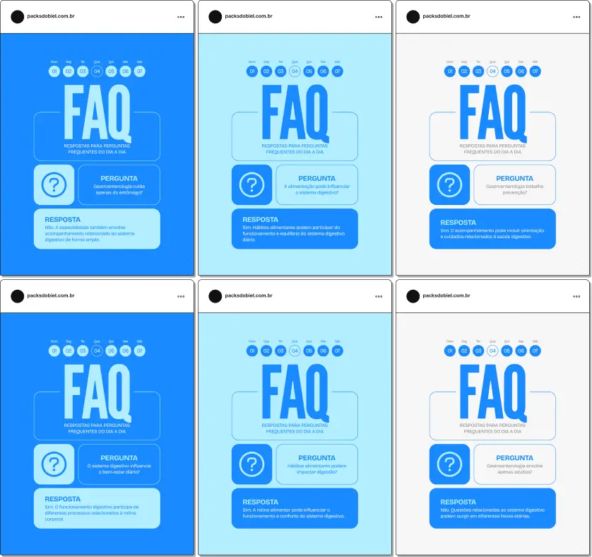 Posts editáveis no Canva estilo perguntas e respostas para gastroenterologia, voltado para conteúdos sobre dor abdominal, alimentação, constipação, intolerâncias alimentares e cuidados com o sistema digestivo, facilitando a criação de conteúdos claros e informativos para pacientes.