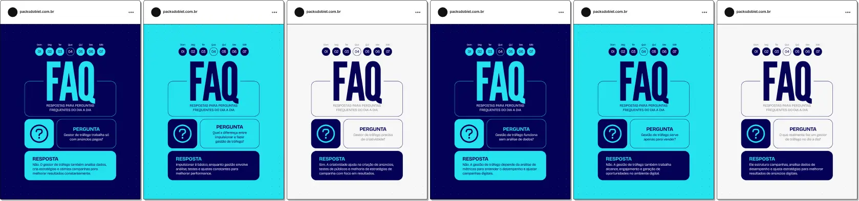 Posts editáveis no Canva estilo perguntas e respostas para tráfego pago, voltado para conteúdos sobre Facebook Ads, Google Ads, métricas, otimização de campanhas e retorno sobre investimento, facilitando a criação de conteúdos claros e informativos para clientes e empresas.