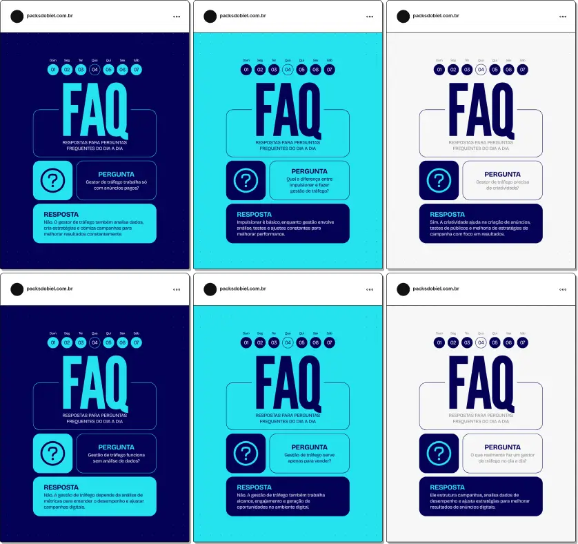 Pack de posts bônus estilo FAQ para gestor de tráfego, ideal para profissionais que desejam responder dúvidas frequentes sobre anúncios online, segmentação de público, geração de leads e campanhas de conversão, mantendo um feed educativo e profissional no Instagram.