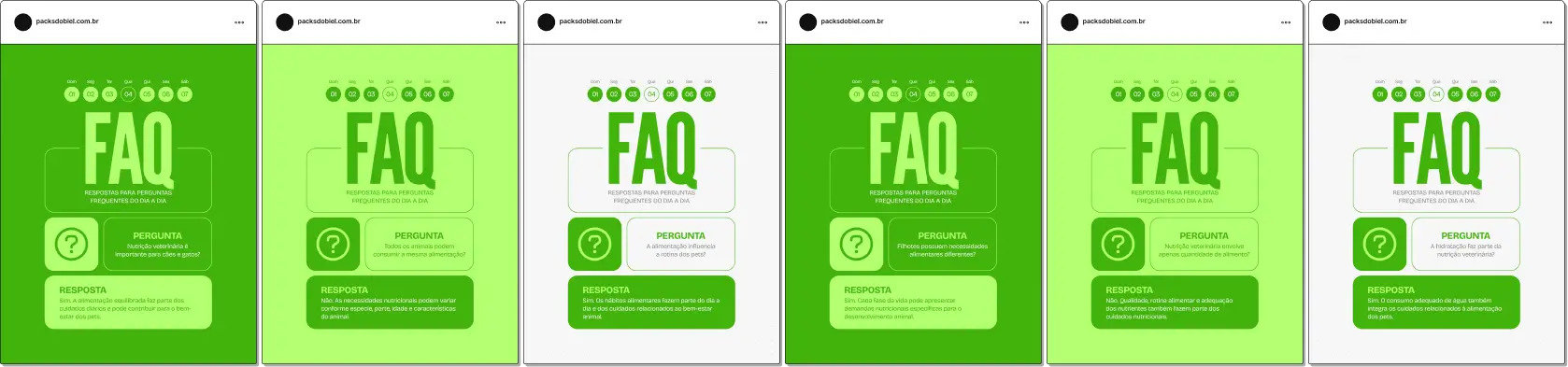 Posts editáveis no Canva estilo perguntas e respostas para nutrição veterinária, voltado para conteúdos sobre obesidade animal, alimentação natural, suplementação, dietas terapêuticas e cuidados nutricionais para pets em diferentes fases da vida, facilitando a criação de conteúdos claros e informativos para tutores.