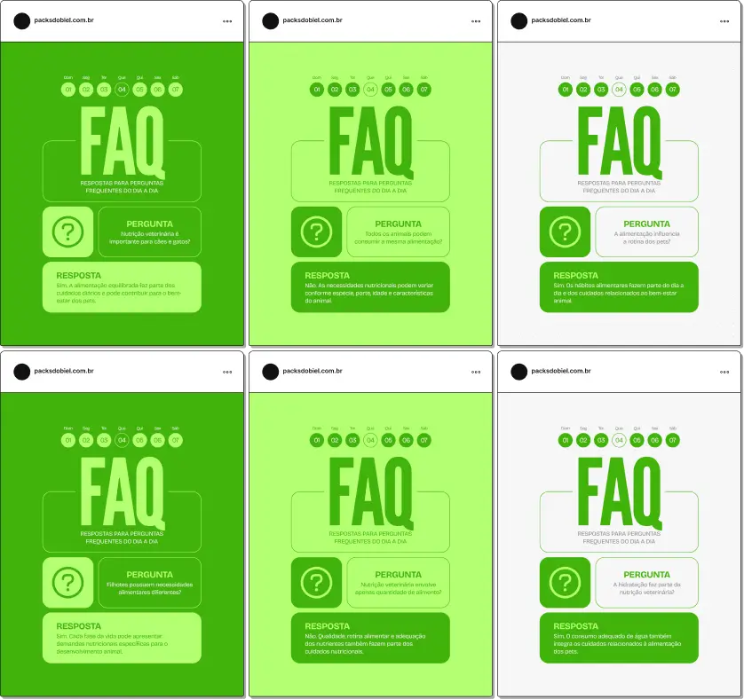 Pack de posts bônus estilo FAQ para nutrição veterinária, ideal para profissionais que desejam responder dúvidas frequentes sobre alimentação de cães e gatos, nutrientes essenciais, rações e hábitos alimentares dos pets, mantendo um feed educativo e profissional no Instagram.