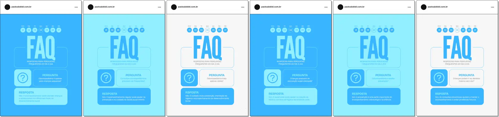 Pack de posts bônus estilo FAQ para odontopediatria, ideal para odontopediatras que desejam responder dúvidas frequentes sobre saúde bucal infantil, primeiros dentes, cáries na infância e consultas odontológicas para crianças, mantendo um feed educativo e acolhedor no Instagram.