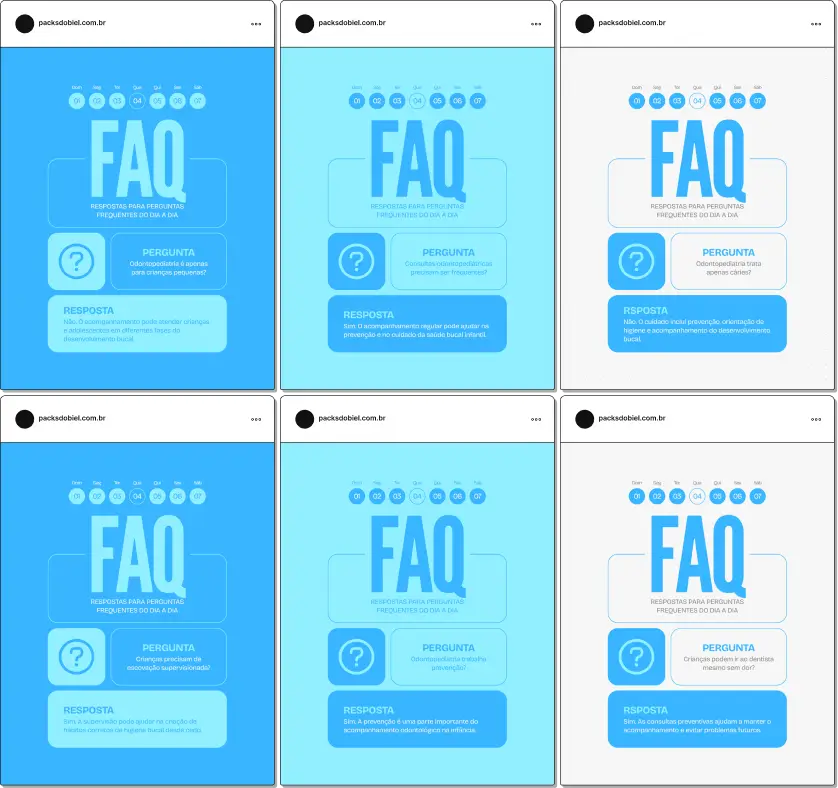 Posts editáveis no Canva estilo perguntas e respostas para odontopediatria, voltado para conteúdos sobre higiene bucal infantil, uso de chupeta, escovação correta, prevenção de cáries e acompanhamento odontológico infantil, facilitando a criação de conteúdos claros e informativos para pais e responsáveis.