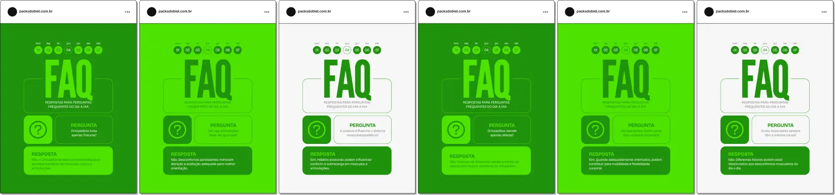 Pack de posts bônus estilo FAQ para ortopedia, ideal para ortopedistas que desejam responder dúvidas frequentes sobre dores nas articulações, coluna, lesões musculares e saúde musculoesquelética, mantendo um feed educativo e profissional no Instagram.