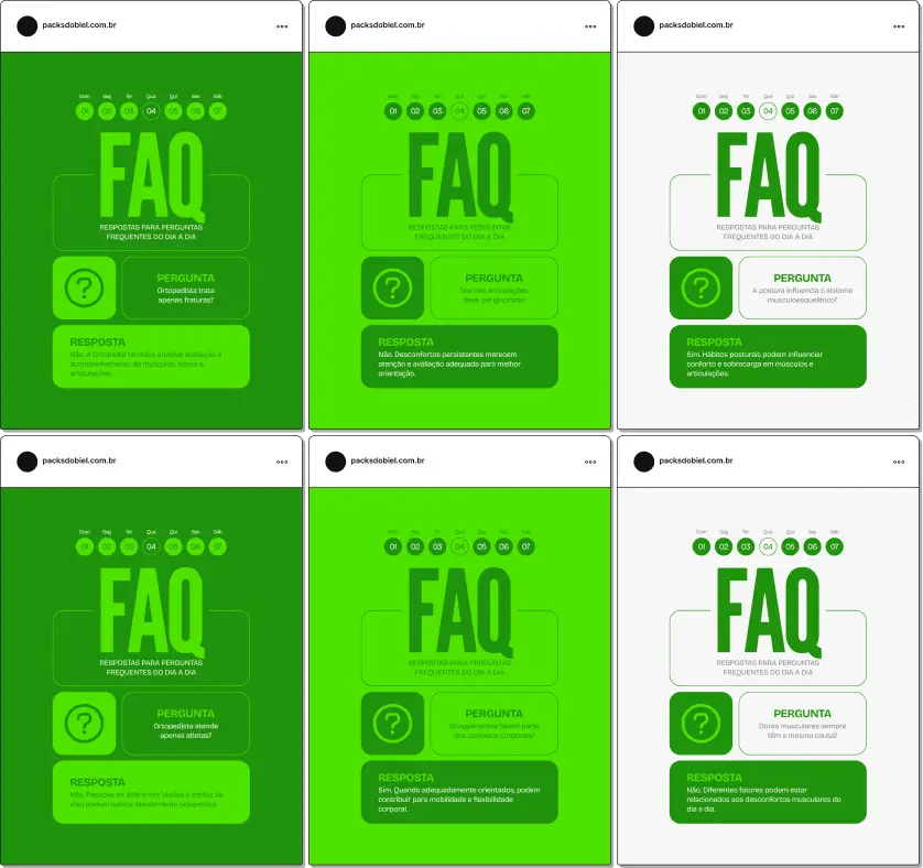 Posts editáveis no Canva estilo perguntas e respostas para ortopedia, voltado para conteúdos sobre hérnia de disco, tendinites, artrose, recuperação de lesões e cuidados com ossos e articulações, facilitando a criação de conteúdos claros e informativos para pacientes.