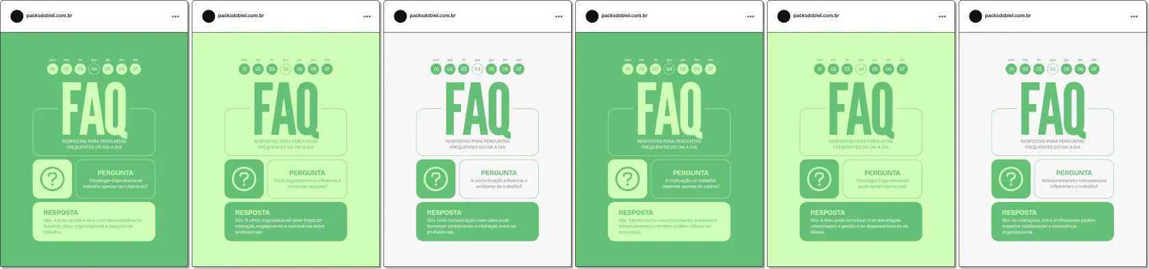Pack de posts bônus estilo FAQ para psicologia organizacional e do trabalho, ideal para psicólogos que desejam responder dúvidas frequentes sobre saúde mental no trabalho, estresse ocupacional, clima organizacional e desenvolvimento profissional, mantendo um feed educativo e profissional no Instagram.