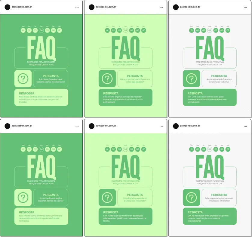 Posts editáveis no Canva estilo perguntas e respostas para psicologia organizacional e do trabalho, voltado para conteúdos sobre burnout, liderança, produtividade, relacionamento interpessoal e bem-estar corporativo, facilitando a criação de conteúdos claros e informativos para colaboradores e empresas.