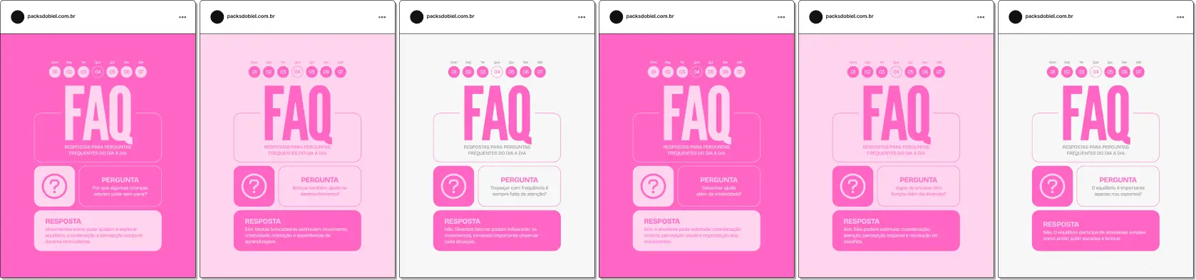 Pack de posts bônus estilo FAQ para psicomotricidade, ideal para psicomotricistas que desejam responder dúvidas frequentes sobre desenvolvimento motor, coordenação motora, equilíbrio e habilidades corporais, mantendo um feed educativo e profissional no Instagram.