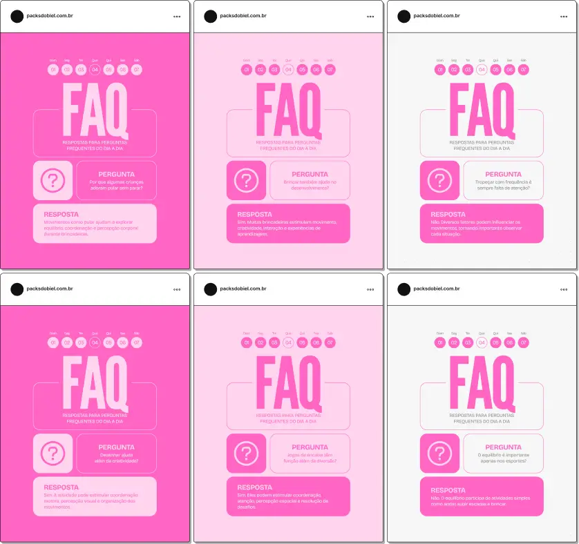 Posts editáveis no Canva estilo perguntas e respostas para psicomotricidade, voltado para conteúdos sobre desenvolvimento infantil, lateralidade, esquema corporal, estimulação motora e aprendizagem, facilitando a criação de conteúdos claros e informativos para pais, educadores e cuidadores.