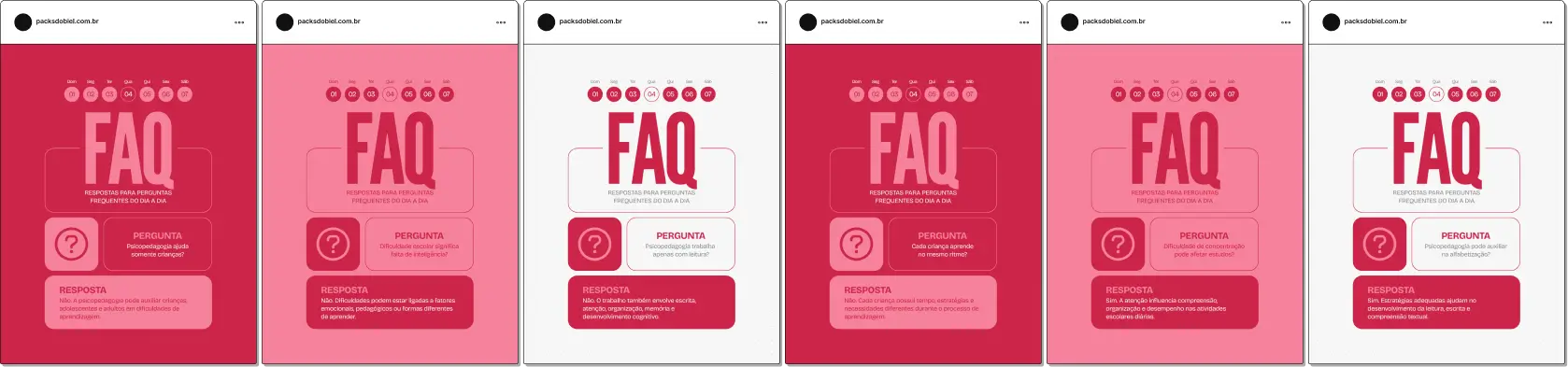 Pack de posts bônus estilo FAQ para psicopedagogia, ideal para psicopedagogos que desejam responder dúvidas frequentes sobre dificuldades de aprendizagem, alfabetização, concentração e desenvolvimento cognitivo, mantendo um feed educativo e profissional no Instagram.
