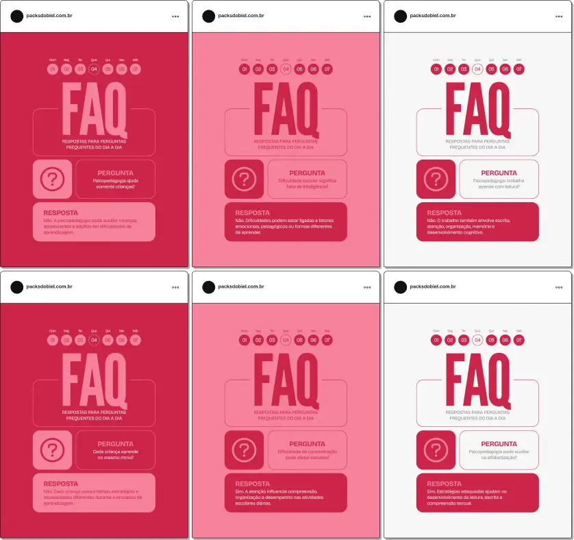 Posts editáveis no Canva estilo perguntas e respostas para psicopedagogia, voltado para conteúdos sobre TDAH, leitura e escrita, adaptação escolar, intervenção psicopedagógica e orientação para pais e educadores, facilitando a criação de conteúdos claros e informativos.
