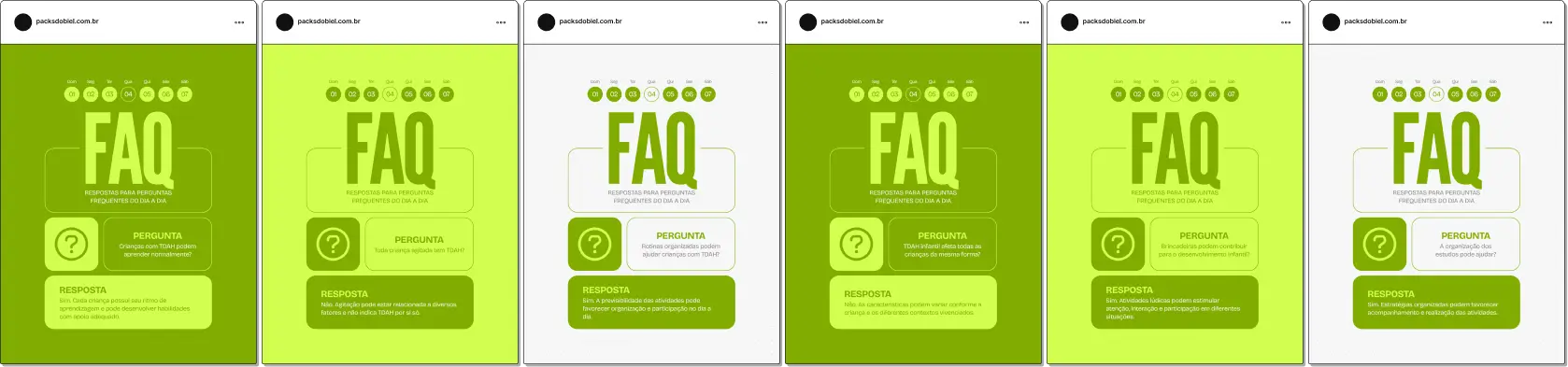 Pack de posts bônus estilo FAQ para TDAH Infantil, ideal para profissionais que desejam responder dúvidas frequentes sobre atenção, hiperatividade, impulsividade, desempenho escolar e desenvolvimento infantil, mantendo um feed educativo e profissional no Instagram.