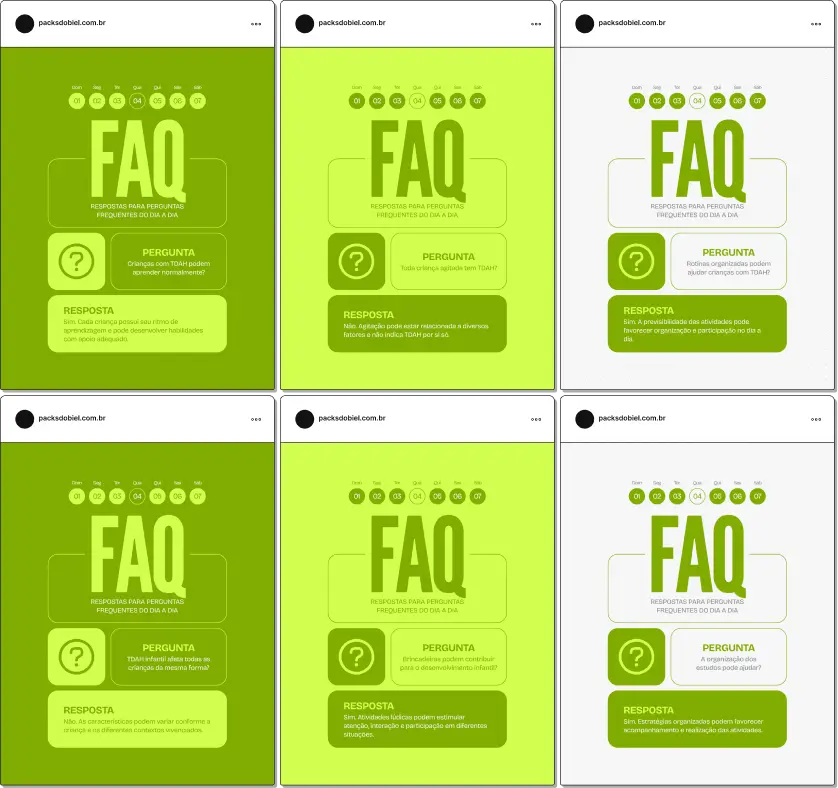 Posts editáveis no Canva estilo perguntas e respostas para TDAH Infantil, voltado para conteúdos sobre diagnóstico, rotina da criança, aprendizagem, comportamento e estratégias de apoio para pais e educadores, facilitando a criação de conteúdos claros e informativos para famílias.
