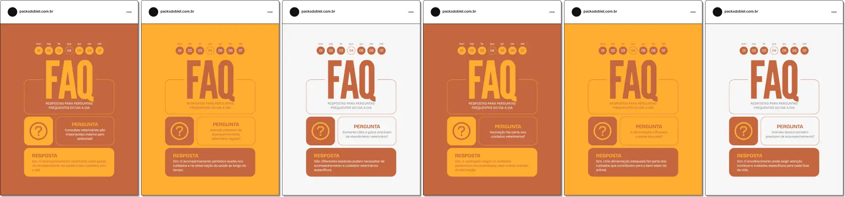 Pack de posts bônus estilo FAQ para veterinários que desejam responder dúvidas frequentes sobre vacinação, vermifugação, alimentação, consultas e cuidados preventivos com cães e gatos, mantendo um feed educativo e profissional no Instagram.