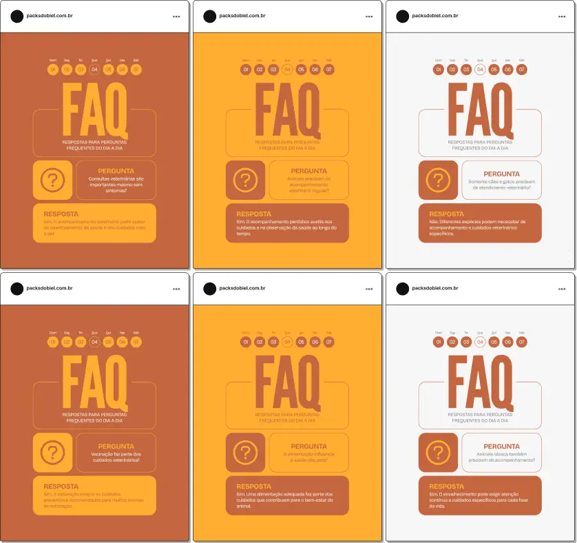 Posts editáveis no Canva estilo perguntas e respostas para medicina veterinária, voltado para conteúdos sobre saúde animal, doenças comuns em pets, higiene, comportamento e bem-estar de cães e gatos, facilitando a criação de conteúdos claros e informativos para tutores.
