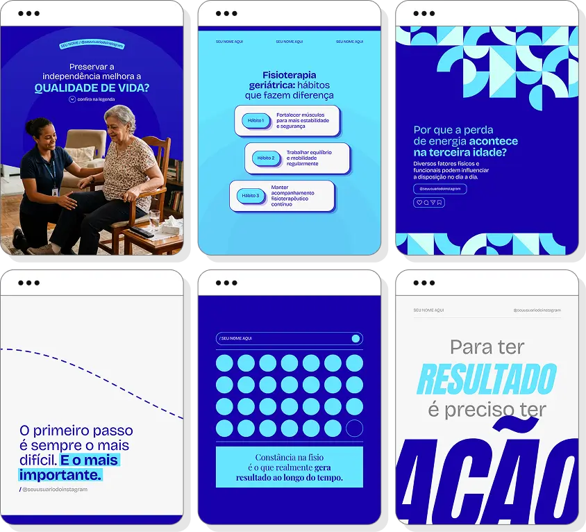Social media fisioterapia geriátrica com pack de posts para Instagram de cuidados com idosos