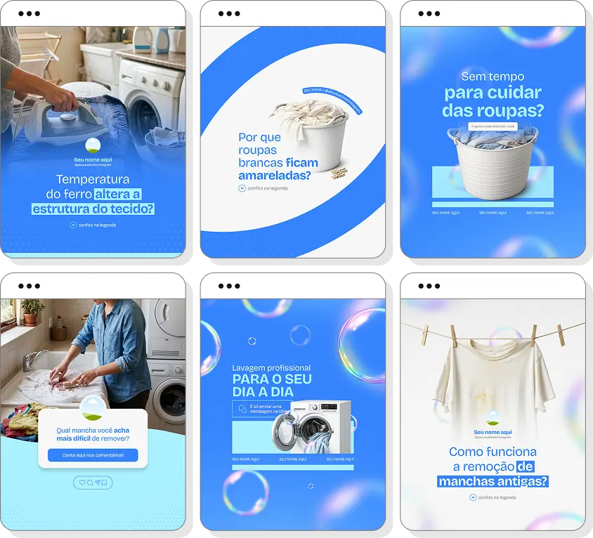 Posts para lavanderia com ideias de conteúdo para Instagram de lavagem, passadoria e organização
