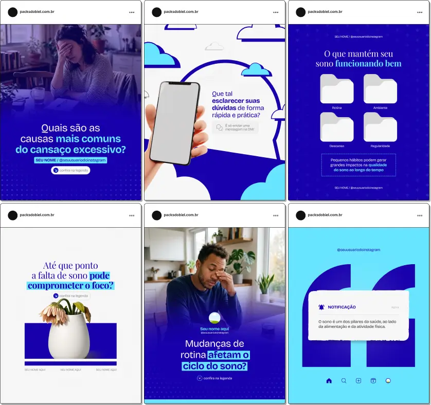 Pack social media medicina do sono com posts prontos para Instagram de insônia e descanso saudável