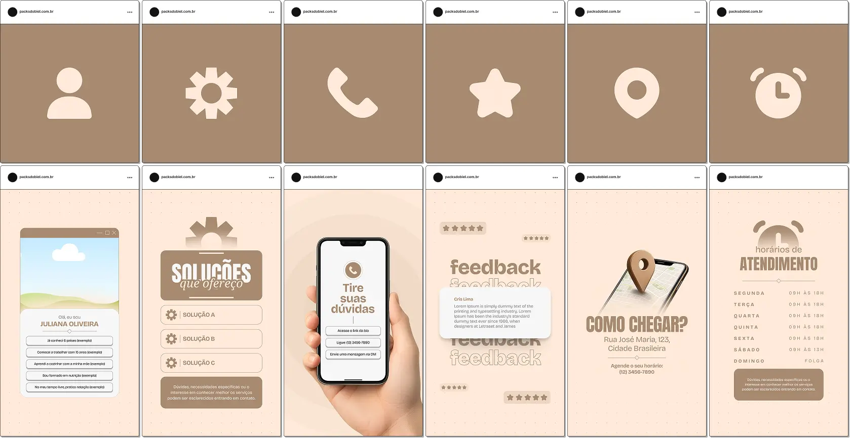 Pack de stories bônus com 6 capas de destaques para Instagram editáveis no Canva, incluindo templates prontos de Quem sou eu, Soluções, Contato, Feedbacks, Horários e Como Chegar