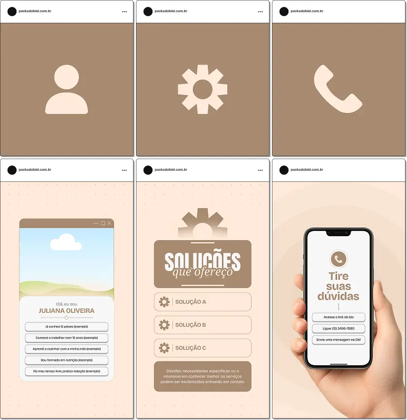 Templates de capas para destaques do Instagram em estilo minimalista, com ícones editáveis e modelos preenchidos de Feedbacks, Horários de Atendimento e Localização, inclusos como bônus em pack de posts para Canva.