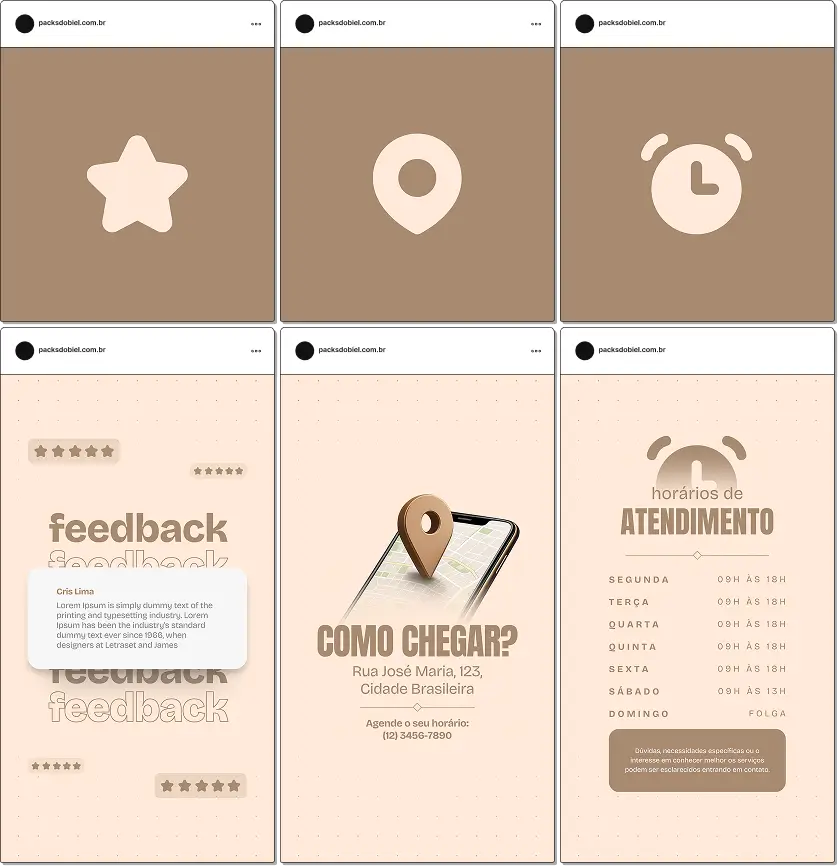 Pack de stories bônus com 6 capas de destaques para Instagram editáveis no Canva, incluindo templates prontos de Quem sou eu, Soluções, Contato, Feedbacks, Horários e Como Chegar, em paleta minimalista bege e marrom.
