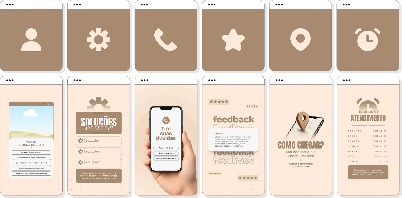 Conte também com modelos de stories e capas para destaques totalmente editáveis no Canva, ideais para organizar informações importantes do perfil, como "Quem Sou Eu", "Serviços", "Contato", "Depoimentos", "Horários" e "Localização", transmitindo mais profissionalismo e credibilidade.