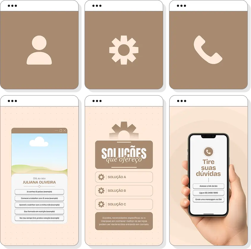 Além dos posts, você recebe modelos de stories e capas para destaques personalizáveis no Canva, perfeitos para apresentar seus serviços, compartilhar resultados, destacar informações úteis e manter seu perfil mais organizado e atrativo para novos clientes.