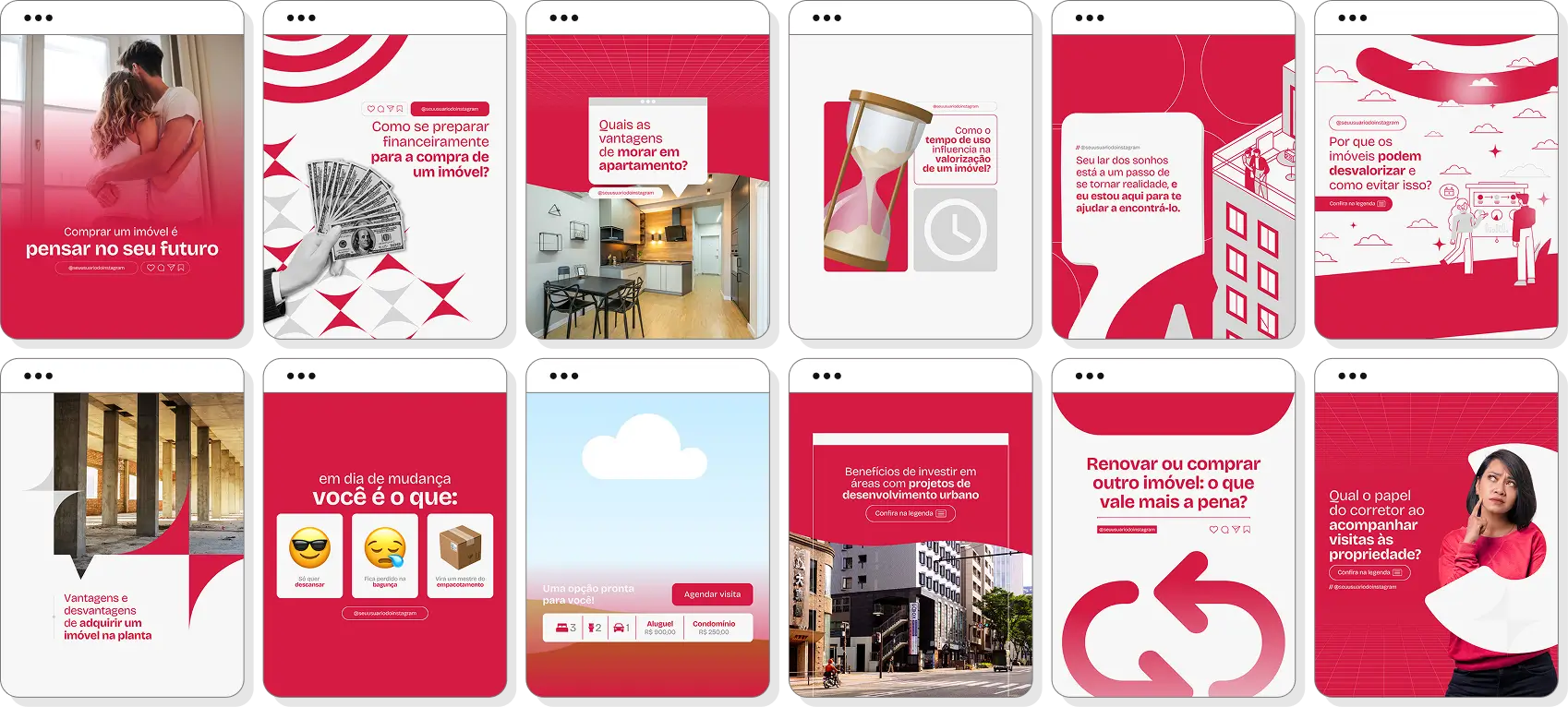 Pack Canva corretor de imóveis com ideias de posts para perfil de Instagram sobre imóveis e investimentos